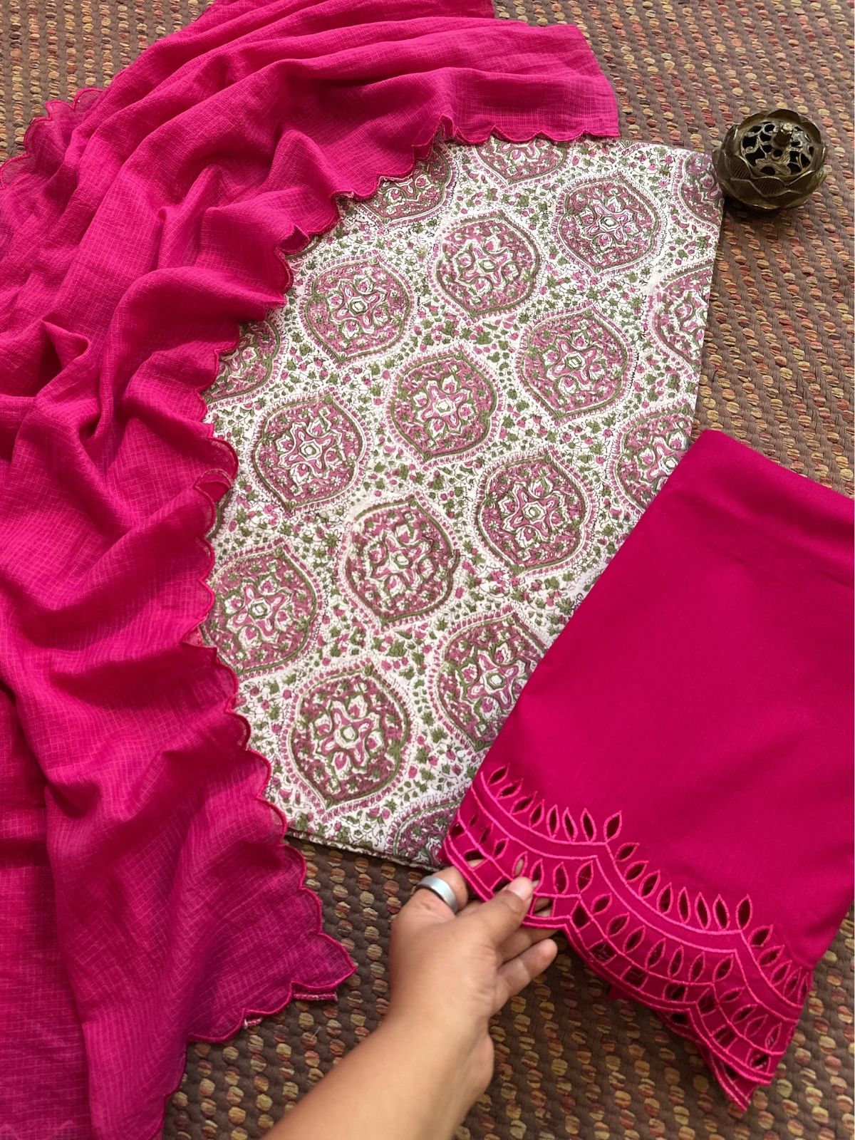 Pure Cotton Hand-blocked Fabric with Cutwork Bottom & Kota Doria Dupatta